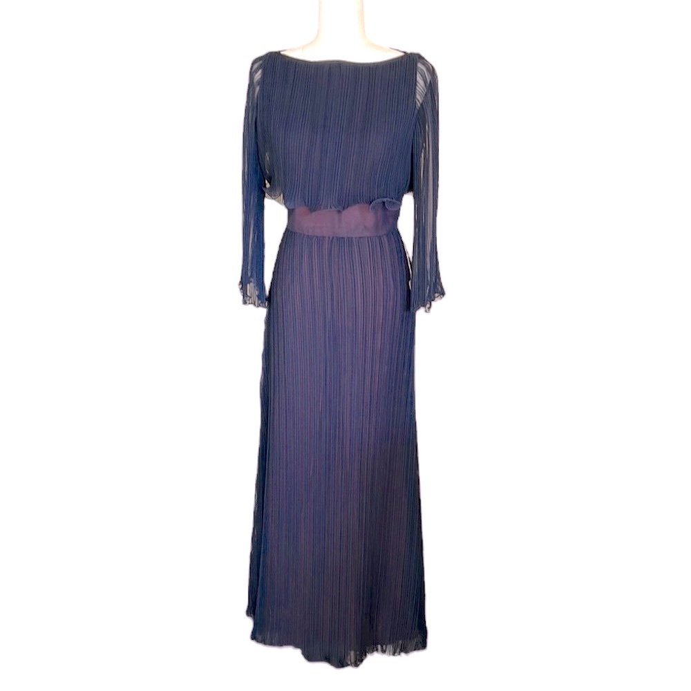 Vintage Marita by Anthony Muto 1970s Navy Blue Chiffon Plisse Maxi Dress - 10